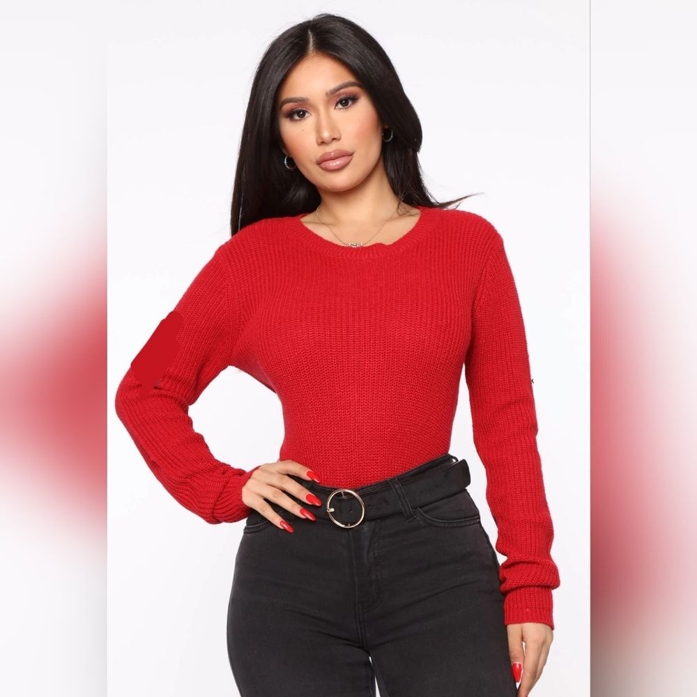 Fashion Nova Red Long Sleeve Acrylic Back Lace Up Sweater Size XL